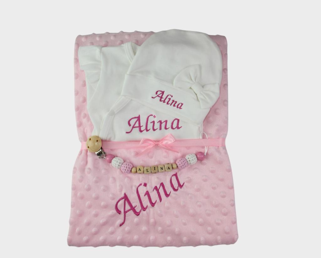 Baby Erstlingsset mit Namen und Schnullerkette rosa/weiß Mädchen –  Minis-world24