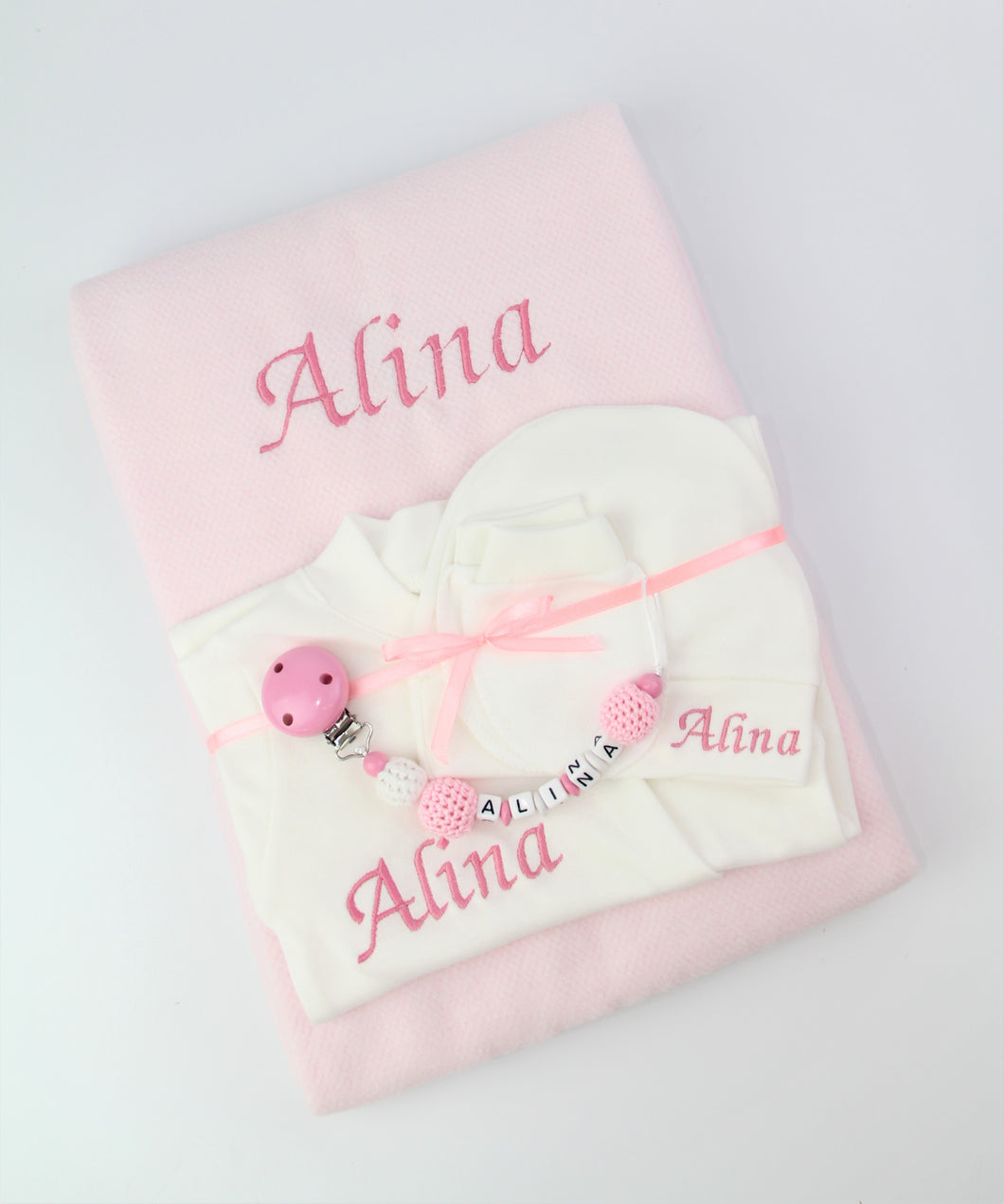 Baby Erstlingsset mit Namen rosa Mädchen Wollfleece-Decke