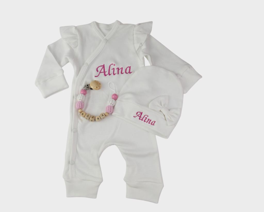 Baby Erstlingsset mit Namen und Schnullerkette rosa/weiß Mädchen –  Minis-world24
