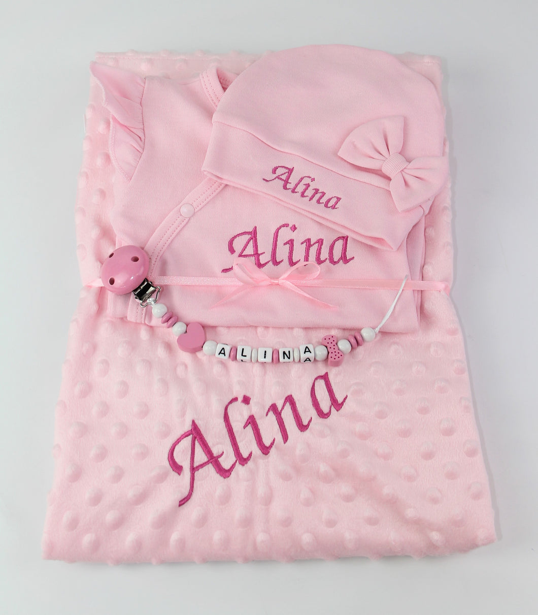 Baby Erstlingsset mit Namen und Schnullerkette rosa/pink Mädchen